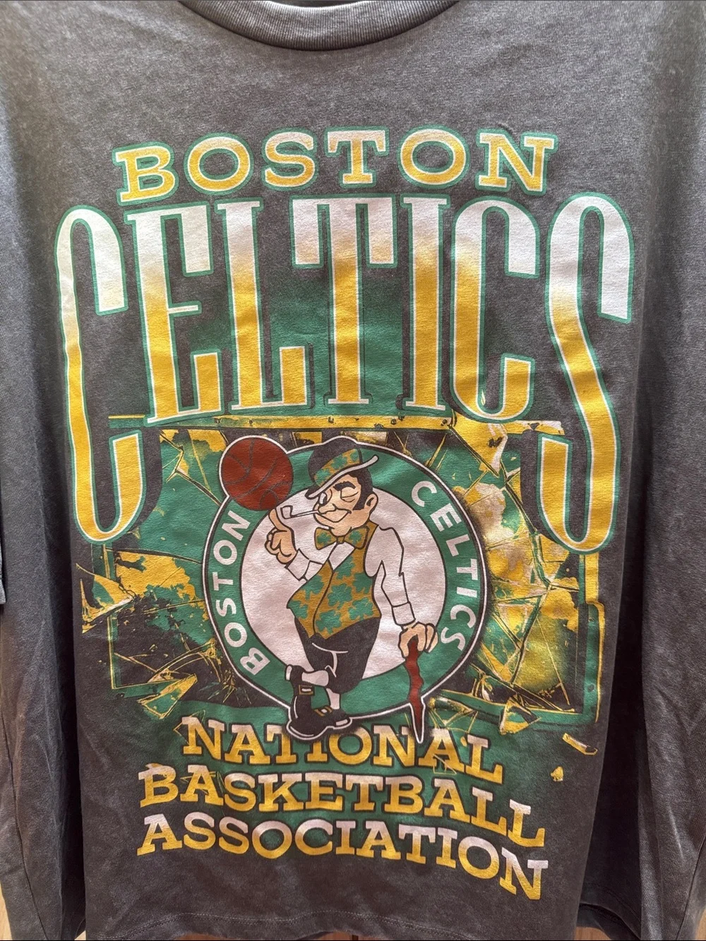 NBA Boston Celtics Vintage Graphic Tee in Charcoal Gray with Green and Gold